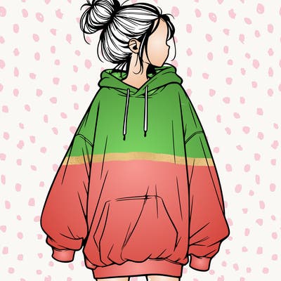 realistic girl with a oversized sweatshirt on and a bun