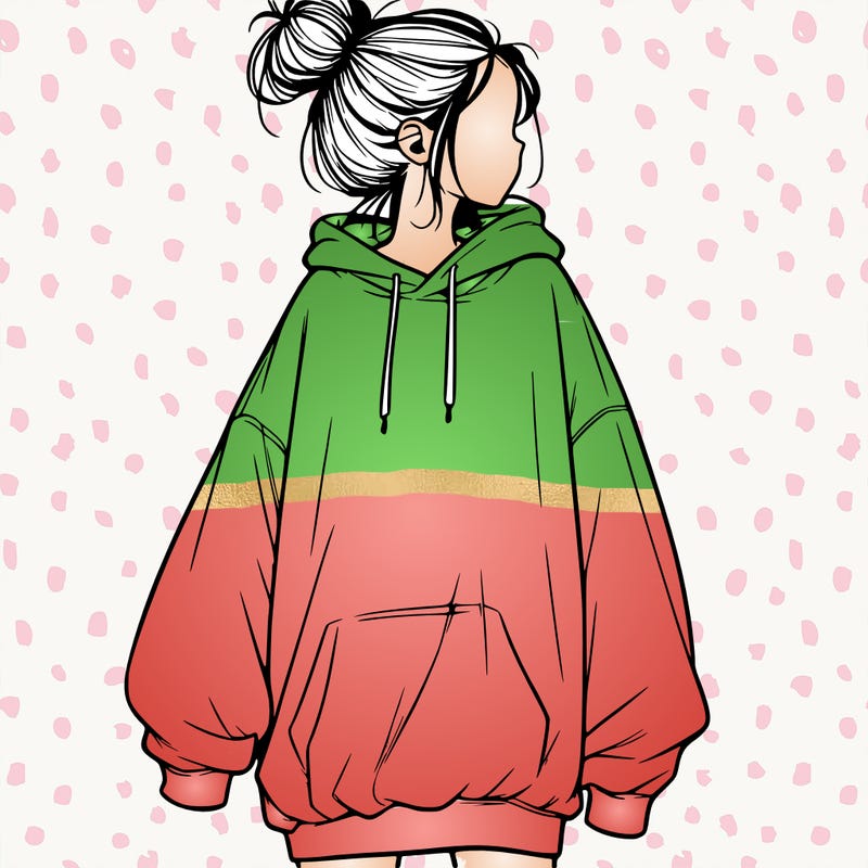 realistic girl with a oversized sweatshirt on and a bun