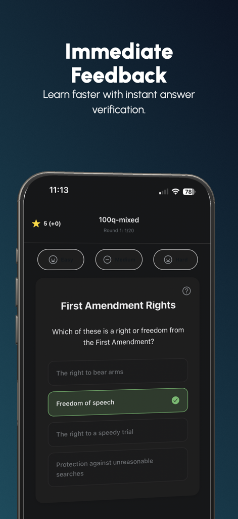 EduSwipe: AI Flashcards & SRS - EduSwipe app screen displaying a flashcard quiz with instant answer verification.