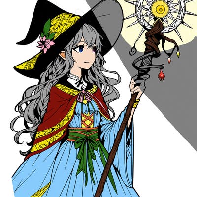 a realistic fantasy manga witch with a staff
