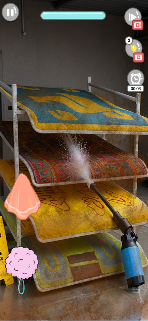 Lavado a presión de una alfombra sucia en el juego móvil Calming Life ASMR Cleaning