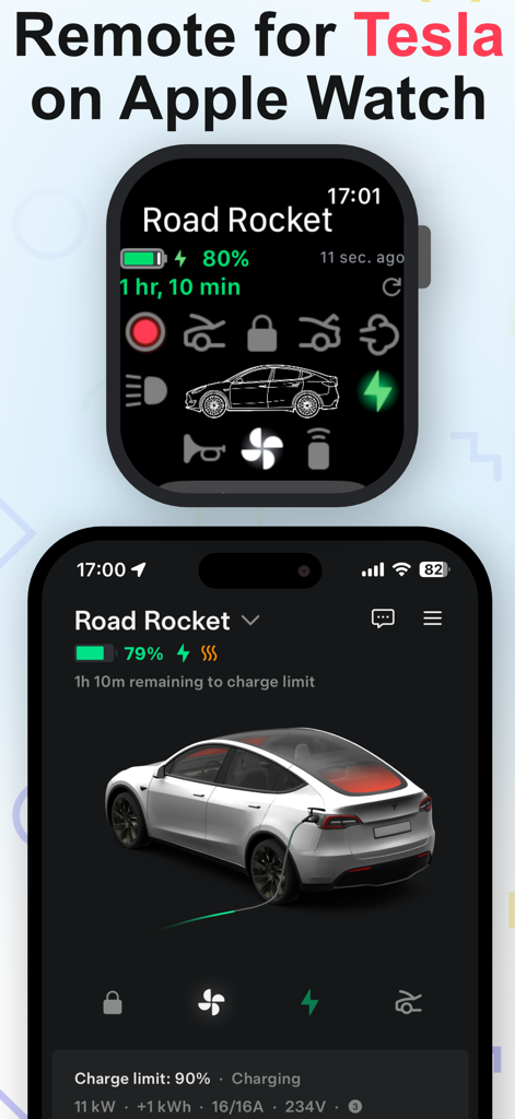 Teswear: Watch app for Tesla - Teswear app dashboard on Apple Watch and iPhone showing Tesla vehicle status and remote controls