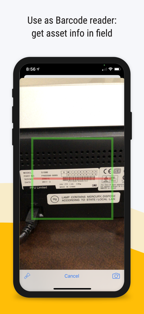 Asset Tiger mobile app interface using an iPhone camera to scan a barcode on a piece of equipment for inventory tracking
