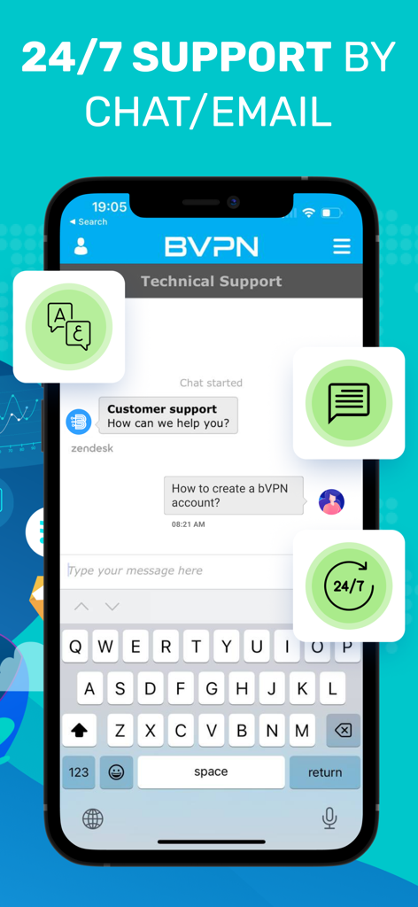 B VPN app technical support screen with 24-7 chat and email options