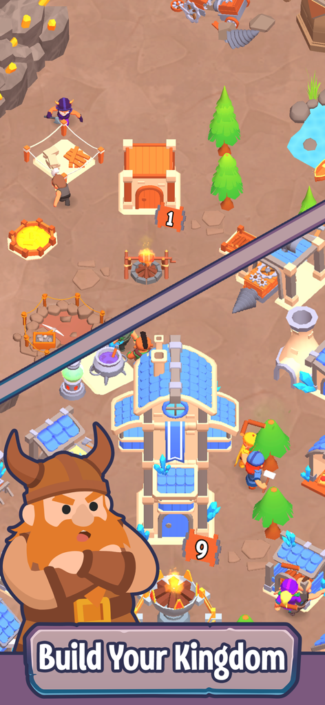 Dwarf Kingdom - Idle Survival - A dwarf king overlooking his growing village in Dwarf Kingdom Idle Survival with the text Build Your Kingdom