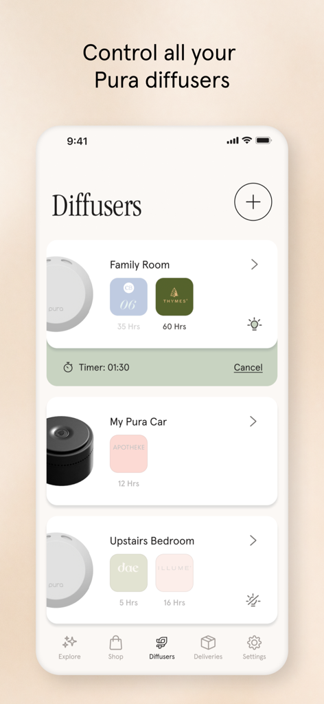 집과 차 위치에 대한 여러 스마트 디퓨저 관리를 보여주는 Pura 앱 인터페이스