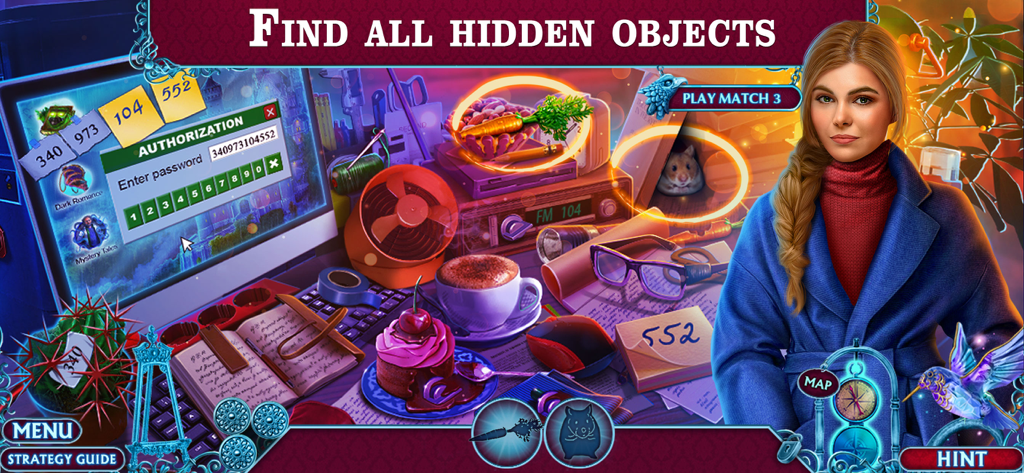 Fairy Godmother: Cinderella - A hidden object game screen from Fairy Godmother Cinderella showing a character next to a cluttered desk with items to find.