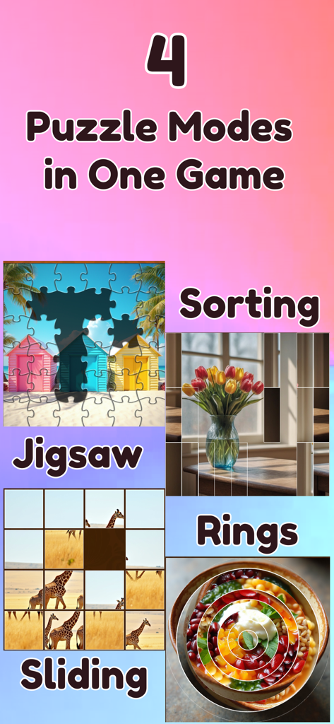 Jigsaw Puzzle & Brain Games - A collage displaying four puzzle modes: Jigsaw, Sorting, Sliding, and Rings.