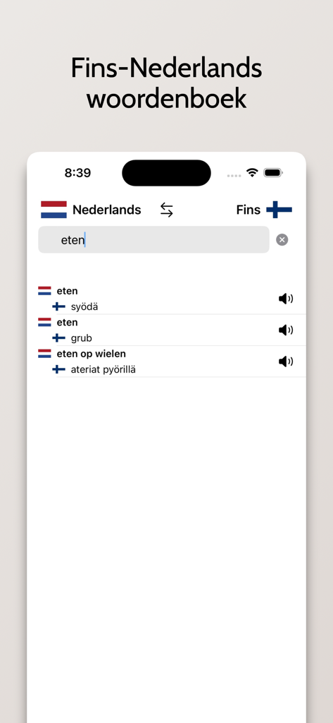 Fins-Nederlands woordenboek - Finnish-Dutch dictionary app interface showing search results for the word eten