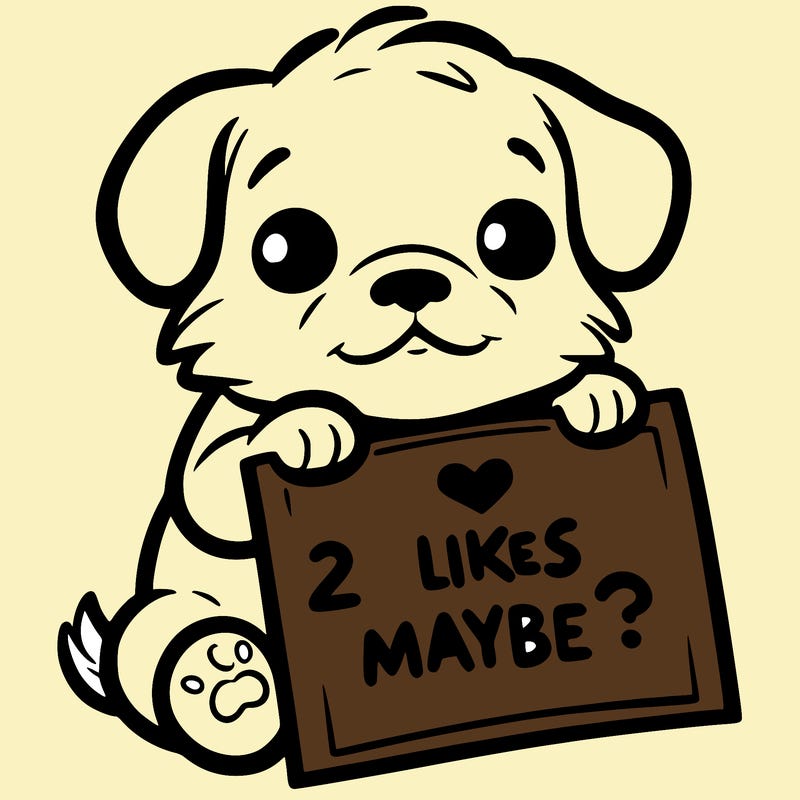 a puppy holding a sign that says 2 likes maybe?
