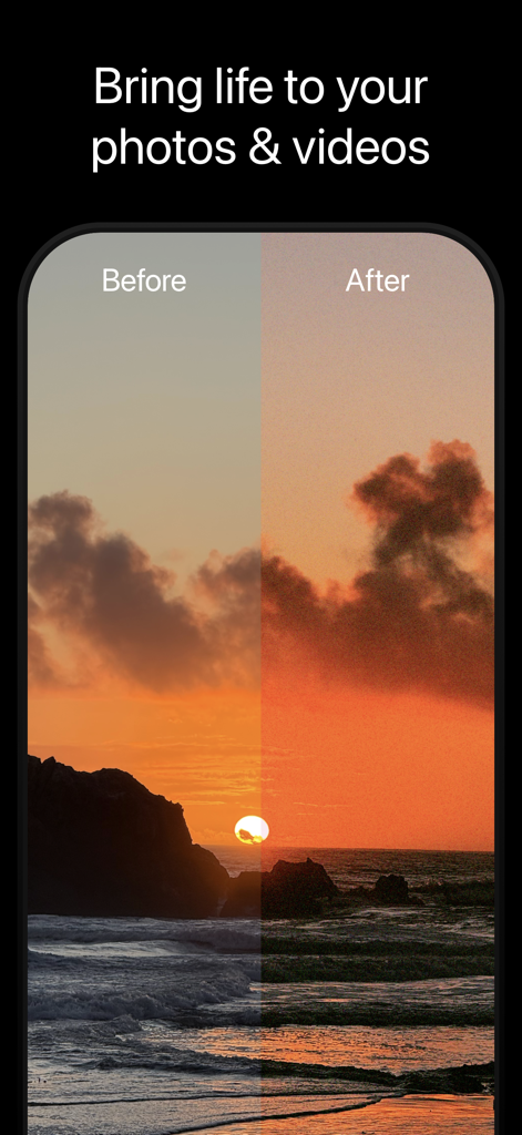 West - Photo & Video Editor - Side by side comparison of a beach sunset before and after applying film grain and color presets in West app
