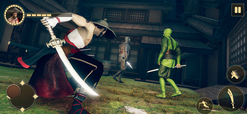 Shadow Ninja Assassin Fight - Samurai warrior wielding a glowing katana against ninjas in a Japanese village