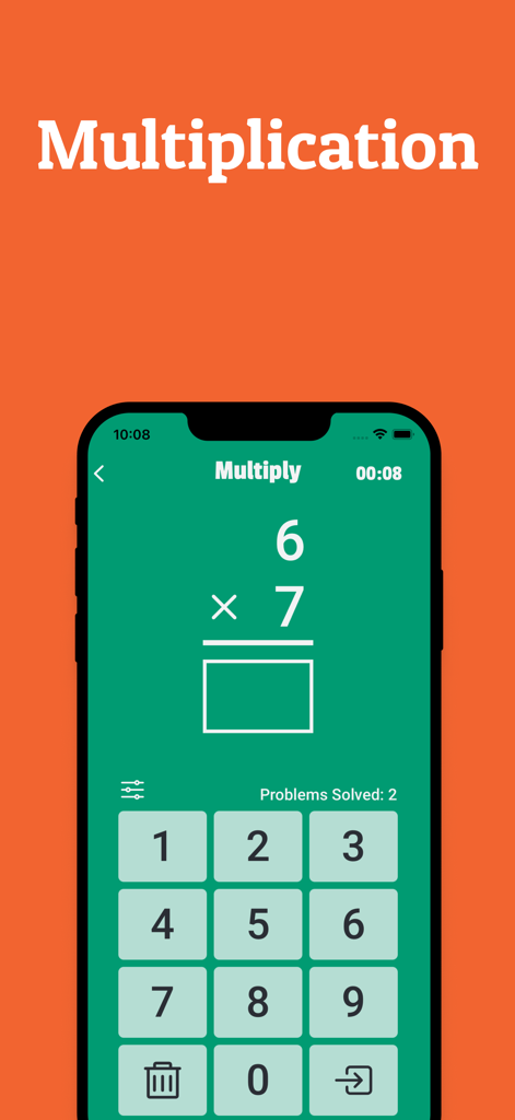 Math Practice: Math Whiz Kids - Multiplication practice screen in the Math Whiz Kids app showing a six times seven math problem