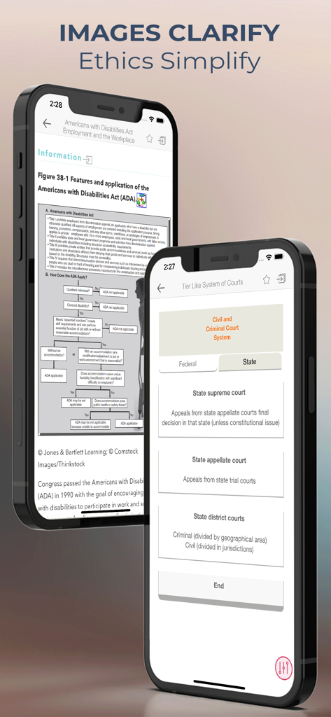 Nursing law app screenshots showing ADA flowchart and court system hierarchy.