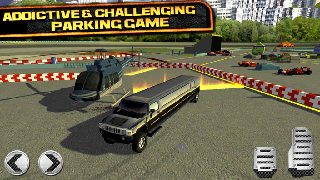 3D Real Test Drive Racing Parking Game - Free Sports Cars Simulator Driving Sim Games - Gameplay screenshot of a black Hummer limousine and a blue helicopter in the 3D Real Test Drive parking game.