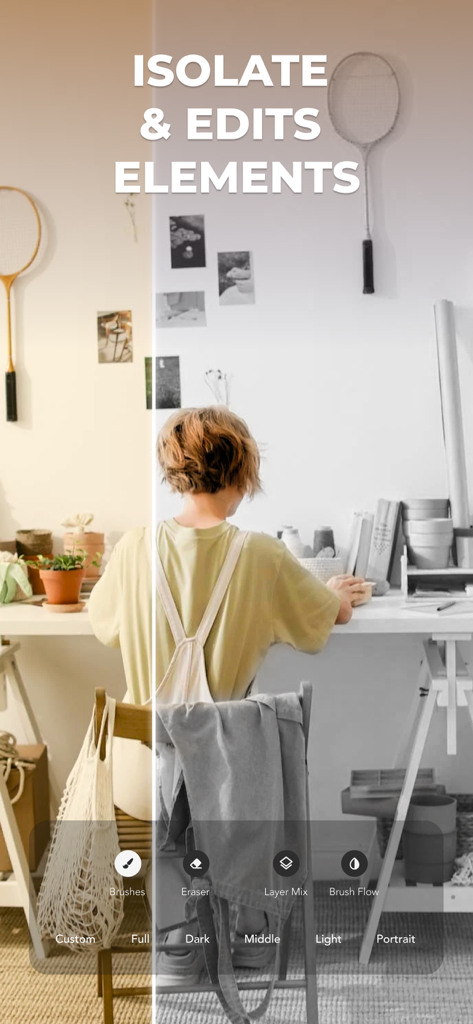 LUMINS - Light Photo Editor - A split screen comparison showing the isolate and edit elements feature in the Lumins app