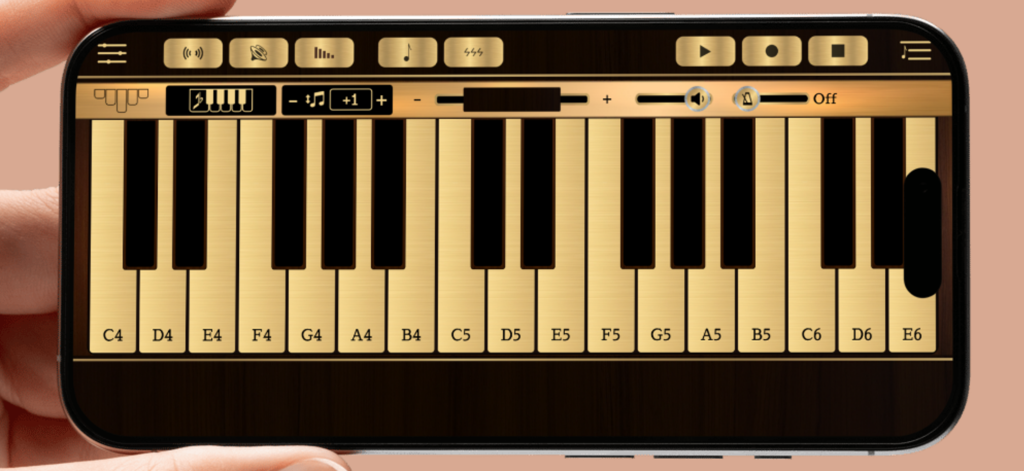 ゴールドとウッドをテーマにしたバーチャルピアノキーボードインターフェースを備えたKalimba Simアプリを表示するスマートフォンの画面。