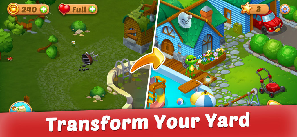 Solitaire: Forest Rescue - A before and after comparison showing a yard transformation from messy to renovated in Solitaire Forest Rescue.