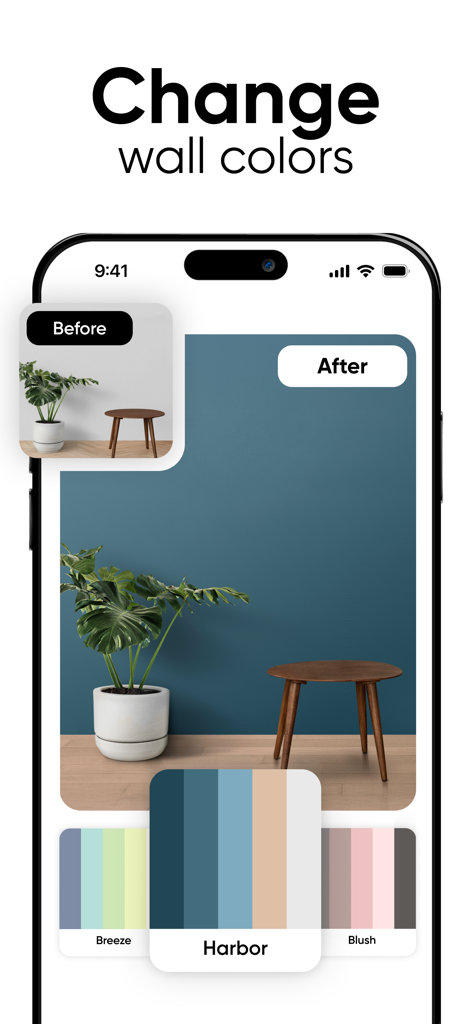 Deco - AI Home Design - Aplicativo de design de casa com IA mostrando uma transformação de cor de parede de branco para azul escuro com opções de paleta de cores