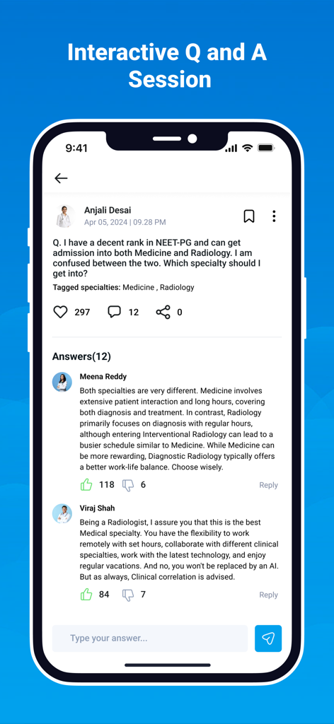 Medroll - Medical Network - Screenshot of Medroll app featuring an interactive medical Q and A session where professionals discuss specialty career choices