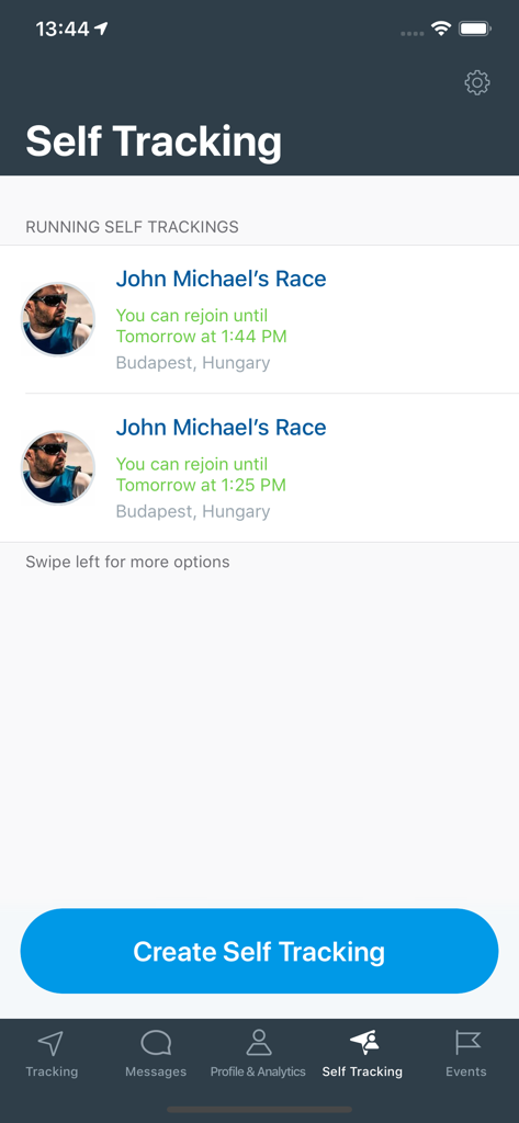 Pantalla de seguimiento personal en la aplicación KWINDOO que muestra sesiones de regatas activas