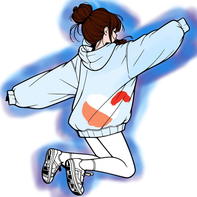 realistic girl jumping with a bun and oversized sweatshirt