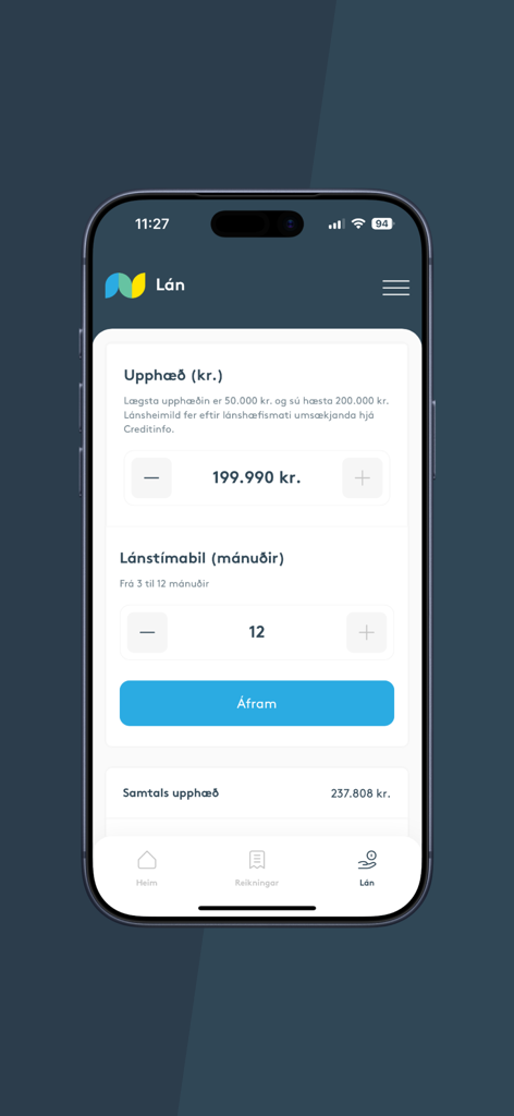 Netgíró - Netgíró mobile app interface for setting loan amount and duration