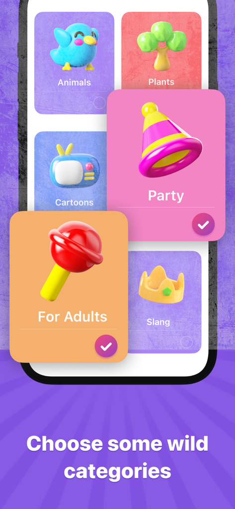 Alias: Party Game - Guess Word - Mobile screen showing game categories for Alias like Party and For Adults with colorful icons