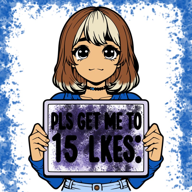 realistic girl holding up a sign that says “pls get me to 15 likes!”