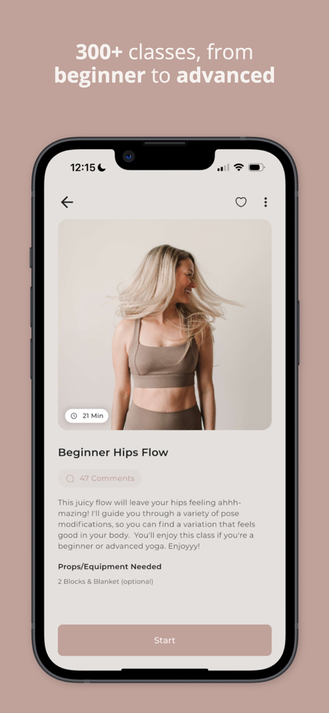 Smartphone screen showing the Yoga plus by Mary app with a Beginner Hips Flow class led by Mary Ochsner.