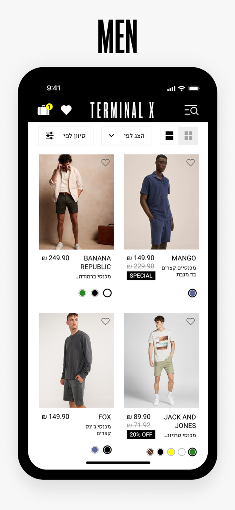 TERMINAL X - Terminal X mobile app showing a curated collection of men fashion from global brands like Banana Republic and Mango