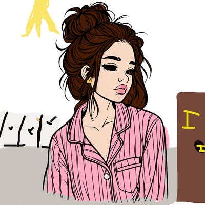 realistic woman with pajamas on and a messy bun