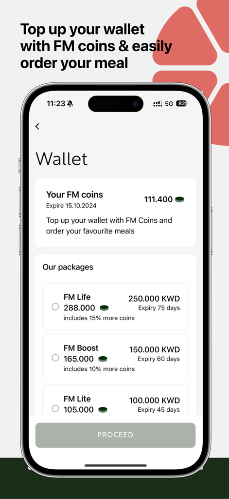 ForeverMore - healthy meals - The wallet interface of the ForeverMore healthy meals app showing coin balance and subscription packages for topping up.