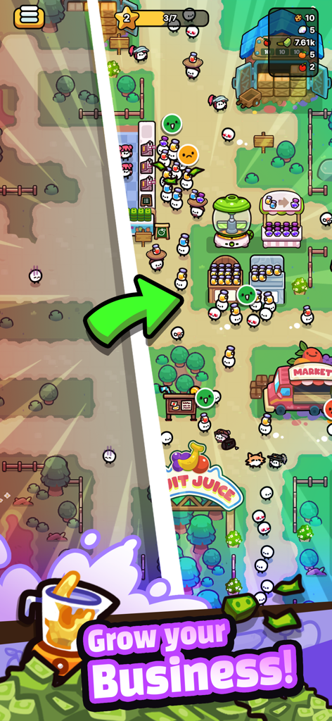 Chainsaw Juice King: Idle Shop - Una comparación que muestra una pequeña tienda de jugos que se convierte en un mercado bullicioso en Chainsaw Juice King Idle Shop