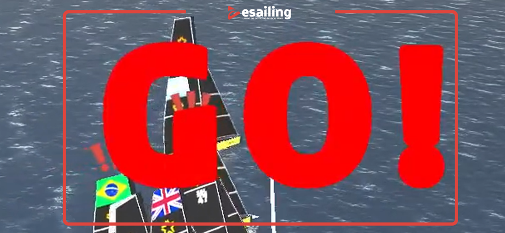 Una regata virtual de vela comenzando con una gran señal ROJA de SALIDA.