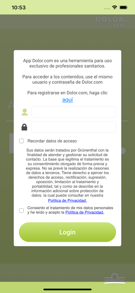 App Dolor.com - Pantalla de inicio de sesión de la herramienta de diagnóstico médico App Dolor.com para profesionales de la salud.