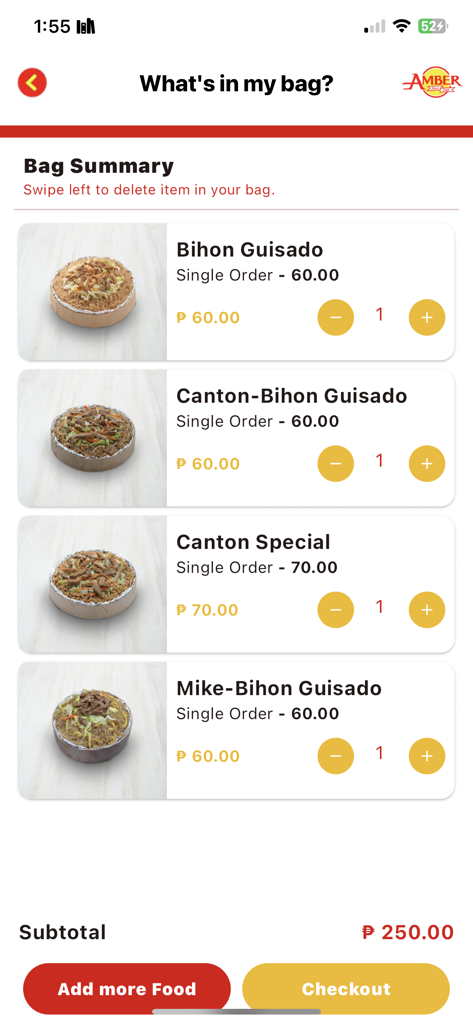 Amber Food App shopping bag screen showing a list of ordered Filipino noodle dishes and checkout button
