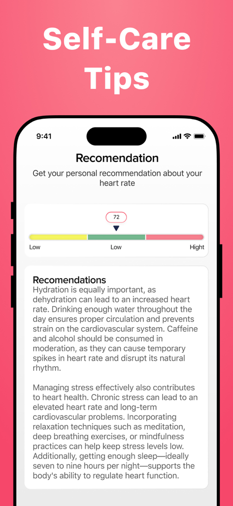 Heart Rate Monitor Pulse - Heart Rate Monitor app interface showing personalized heart rate recommendations and self-care wellness tips.