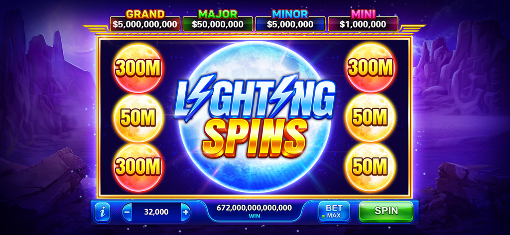 Golden Slots:Vegas Casino Game - Golden Slots Vegasカジノゲーム画面、ライトニングスピン機能とプログレッシブジャックポットを表示