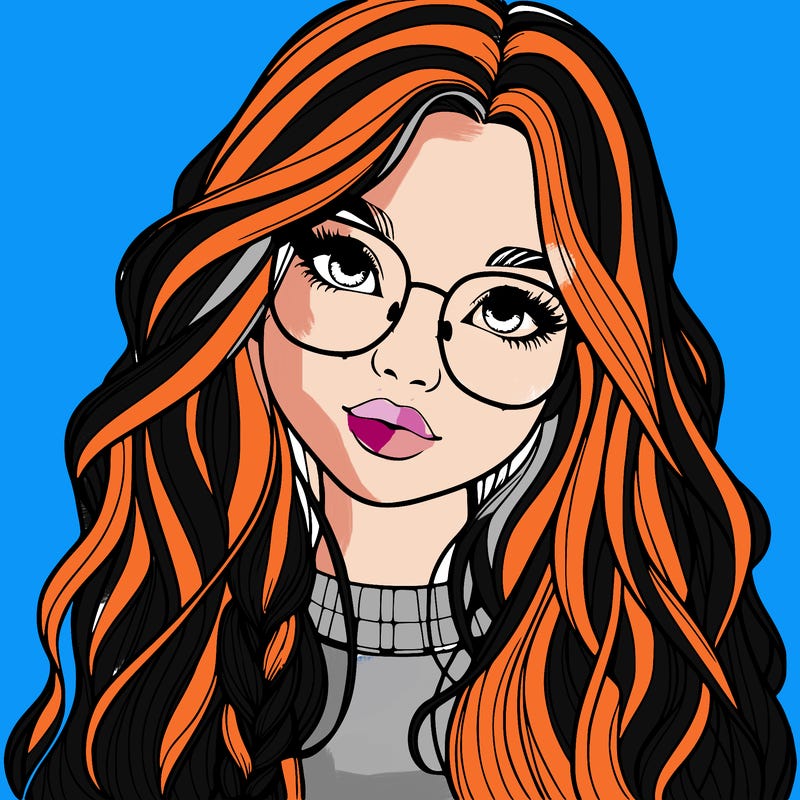 girl with long hair and freckles and glasses realistic