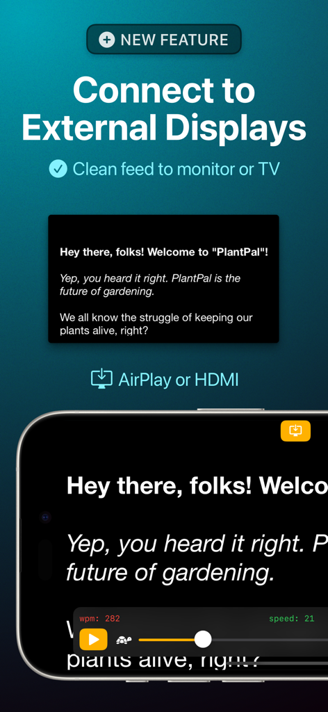 Telepromptr - Telepromptr app screen showing the feature to connect a clean script feed to an external monitor or TV via AirPlay or HDMI.