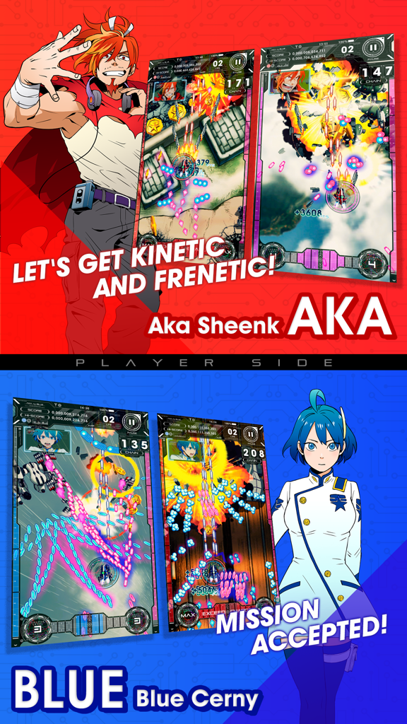AKA TO BLUE - Personaggi Aka Sheenk e Blue Cerny con screenshot del gameplay verticale bullet hell