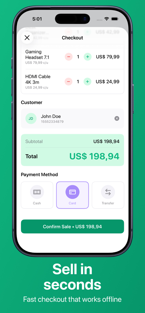 SellStock - Inventory & POS - Tela de checkout do aplicativo SellStock mostrando itens em um carrinho de compras, preço total e seleção do método de pagamento.