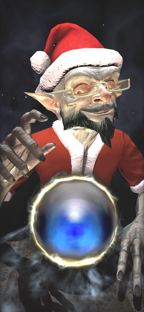 The Amazing Fortune Teller 3D - Personaje adivino de Papá Noel en 3D mirando una bola de cristal azul brillante.