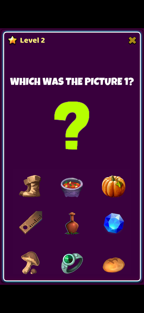 Brain Teaser Mind Game - 두뇌 퀴즈 마인드 게임의 인게임 스크린샷, 플레이어에게 호박, 파란 보석, 반지 등 9개의 아이콘 중에서 이전 이미지 식별 요청