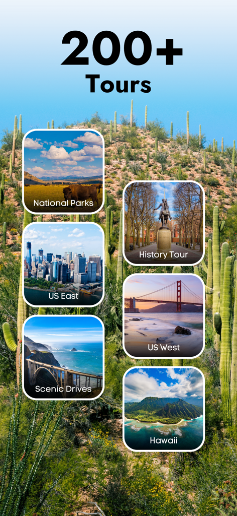 Saguaro National Park Guide - Mobile screen showing over 200 tours for national parks history and scenic drives