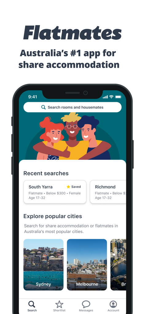 Flatmates - Flatmates mobile app home screen showing search options and popular Australian cities for shared housing