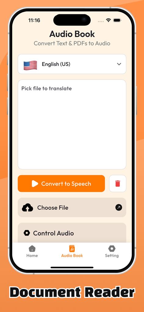Text To Speech (TTS) - Oberfläche der Text-to-Speech-App, die Optionen zur Umwandlung von Dokumenten und PDFs in Audio zeigt