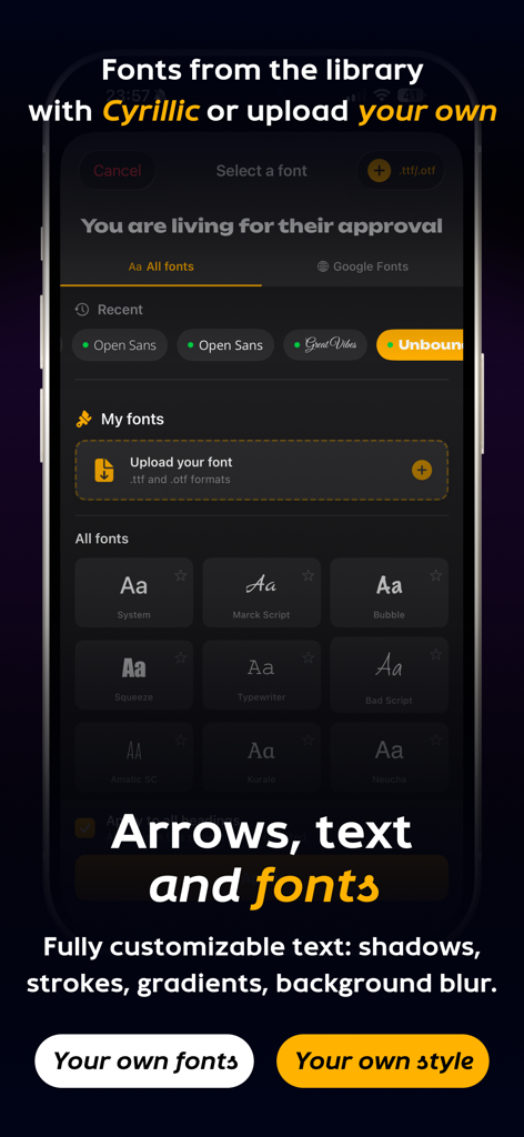 Carousel Collage AI: Carousai° - Interfaccia per la scelta e il caricamento di font personalizzati per design di caroselli per social media