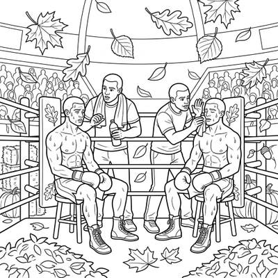 Capture the intensity of a boxing match infused with the cozy spirit of autumn with this unique coloring page. Watch as two boxers take a break in their fall-themed ring, surrounded by cheering fans and falling leaves.